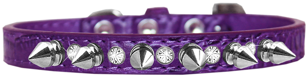 Silver Spike and Clear Jewel Croc Dog Collar Purple Size 14